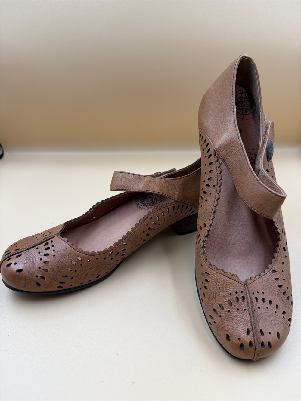 Taos, 
Women’s Tan Perforated Mary Jane Flats with Strap
